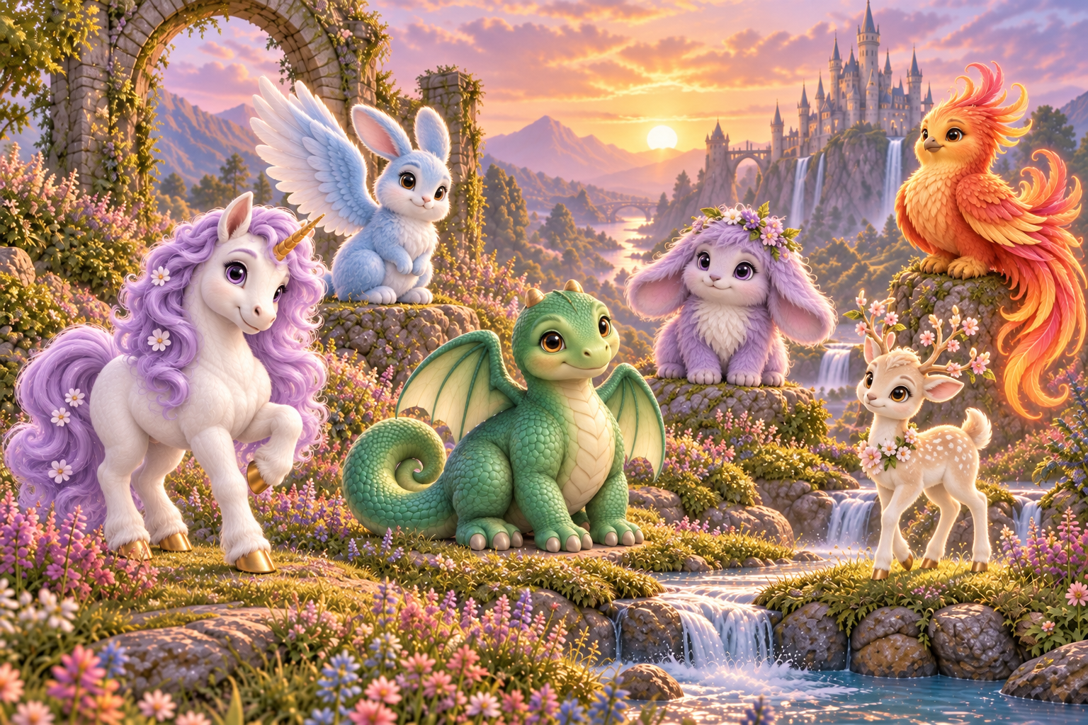 Een unicorn, ronde groene draak, feniks, gevleugeld konijn, pluizig boswezentje en hertje met bloesemgewei in een magische vallei met een kasteel.